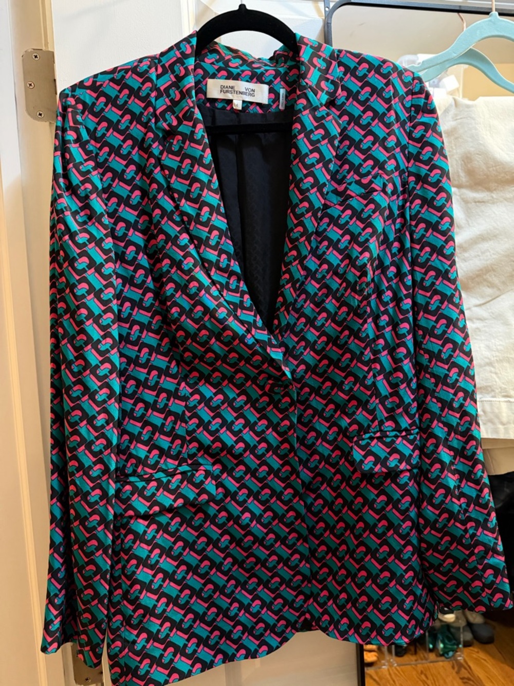 Diane Von Furstenberg Teal & Pink Geometric Print Blazer, Silk